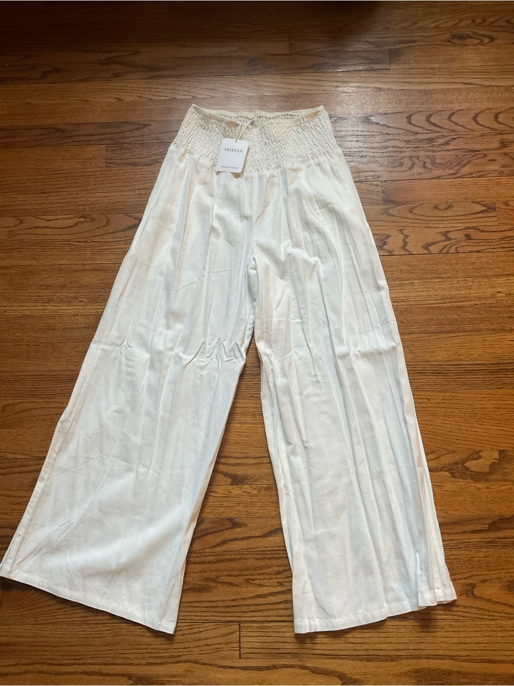 Smocked Waist Wide-Leg Pants - Cream